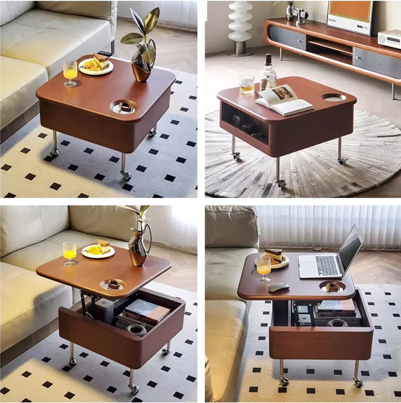 Mesa de centro elevable de madera maciza con almacenaje y ruedas universales