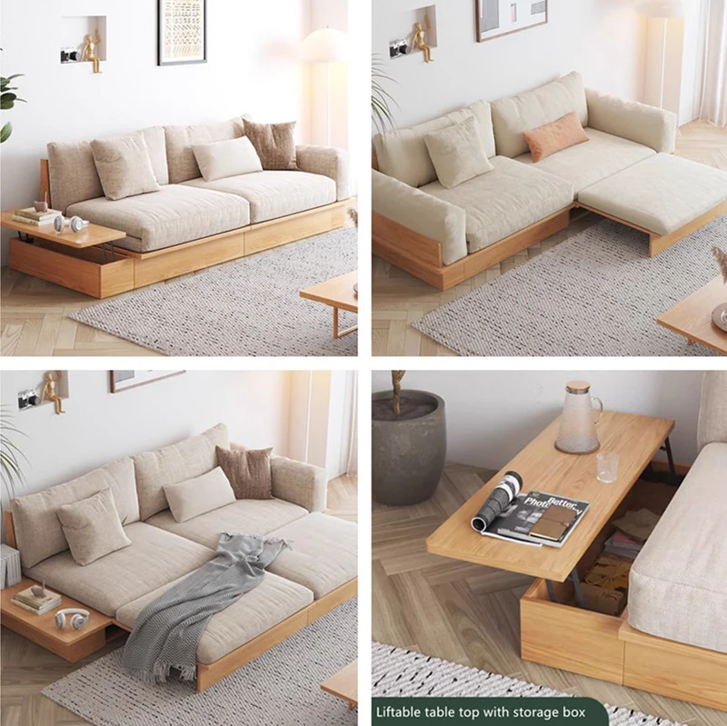 Sofá cama de madera maciza Japandi con caja de almacenamiento con reposabrazos elevable