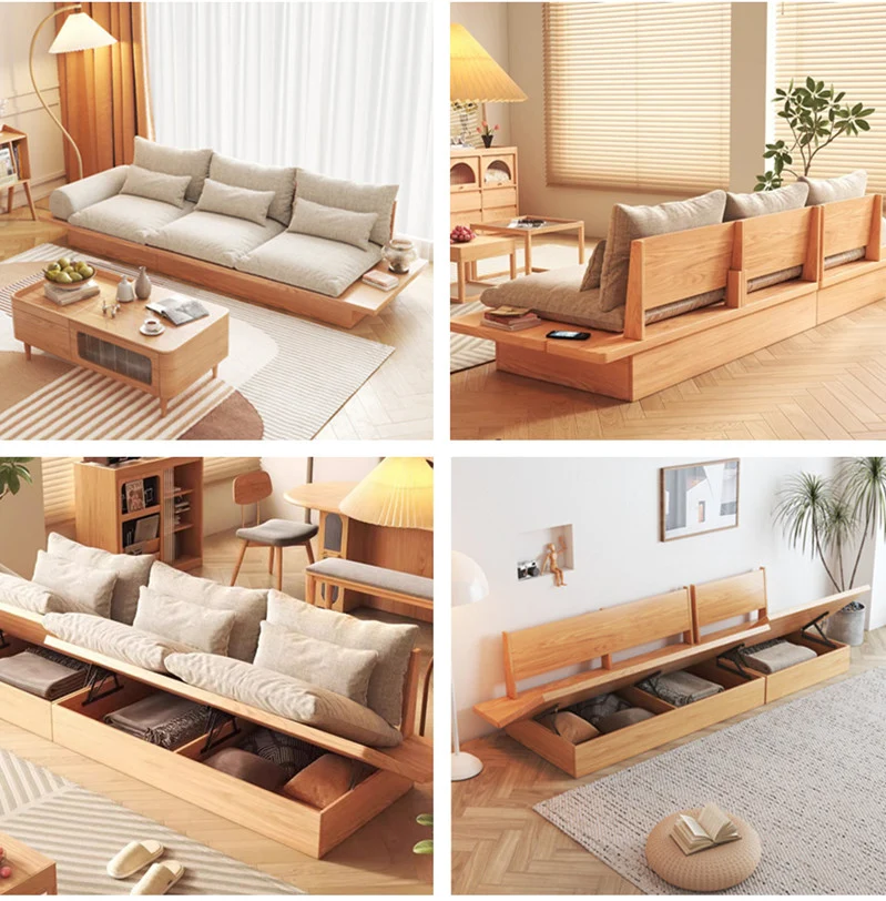 Sofá Japandi de madera maciza con almacenaje debajo