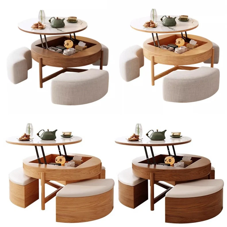 Mesa de centro redonda elevable con almacenaje y otomanas