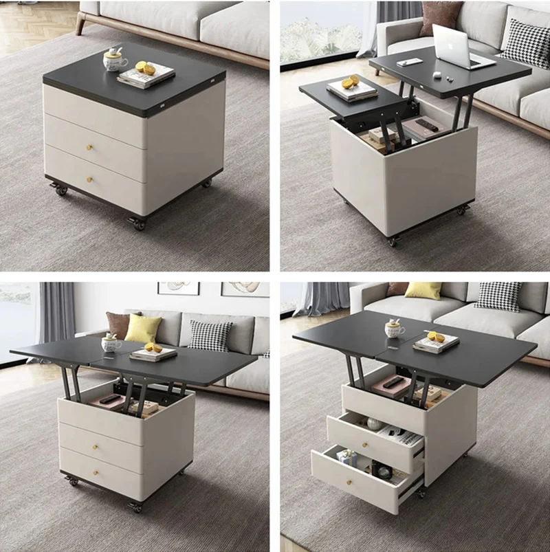 Mesa de centro moderna multifunción elevable y extensible con cajones de almacenamiento y ruedas universales