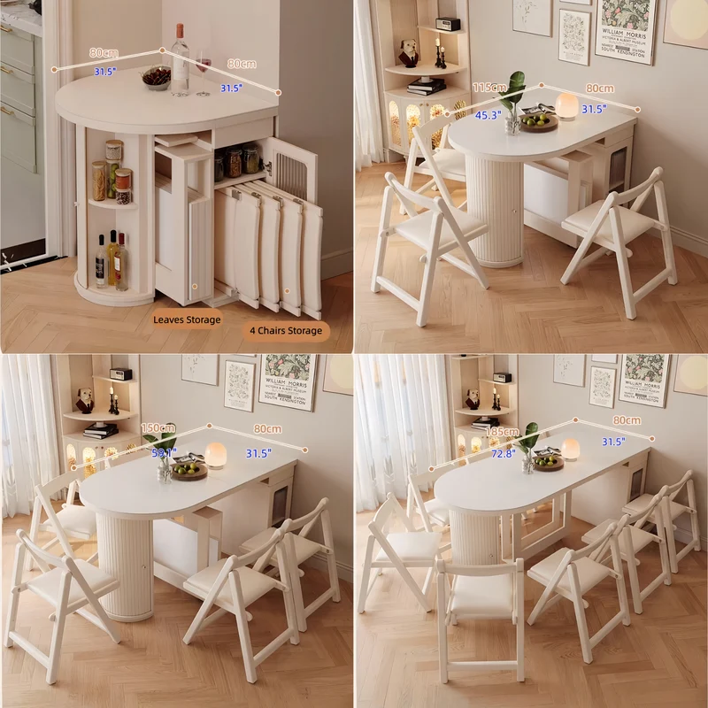 Mesa de comedor extensible de madera maciza color blanco cremoso con almacenamiento oculto y 4 sillas plegables