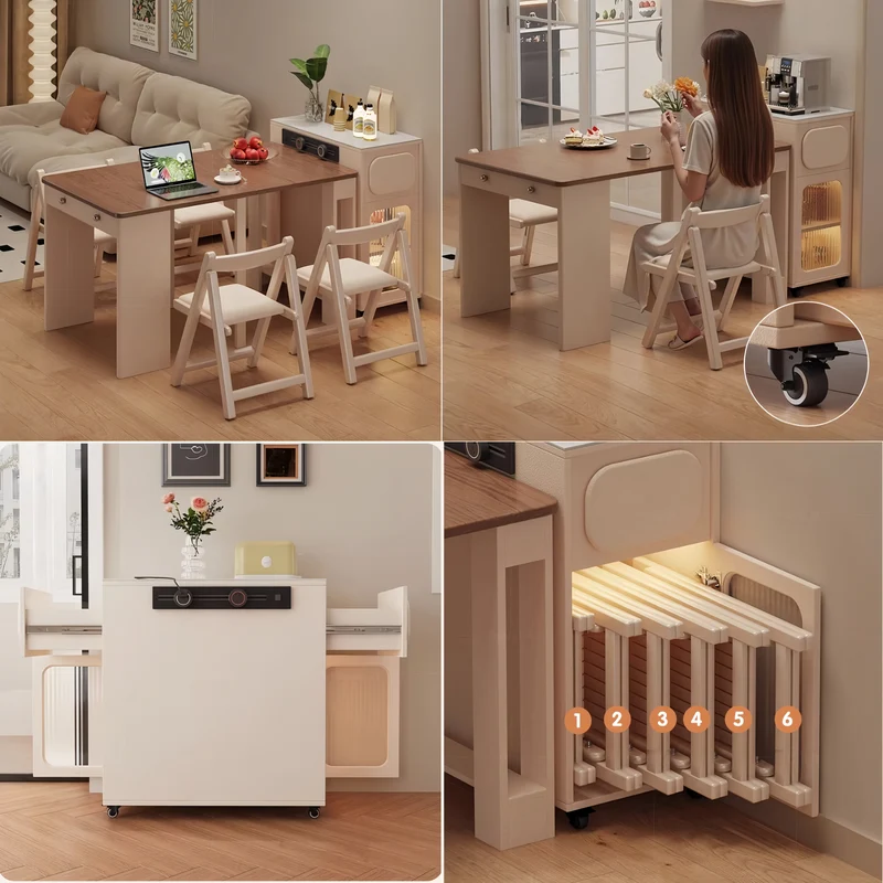 Mesa de comedor extensible con aparador rodante y juego de sillas