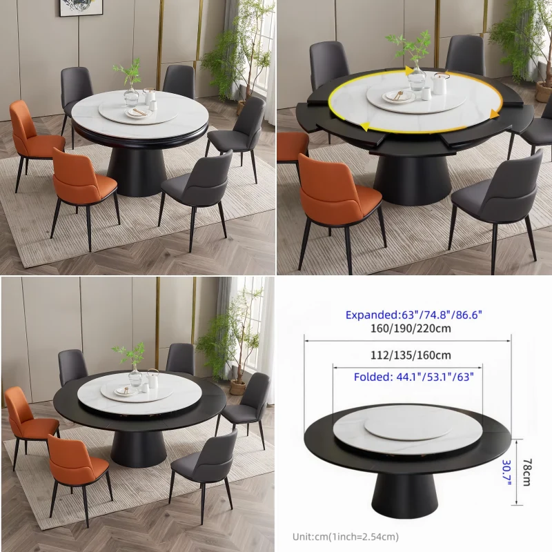 Mesa de comedor redonda de piedra sinterizada con hoja oculta extensible giratoria