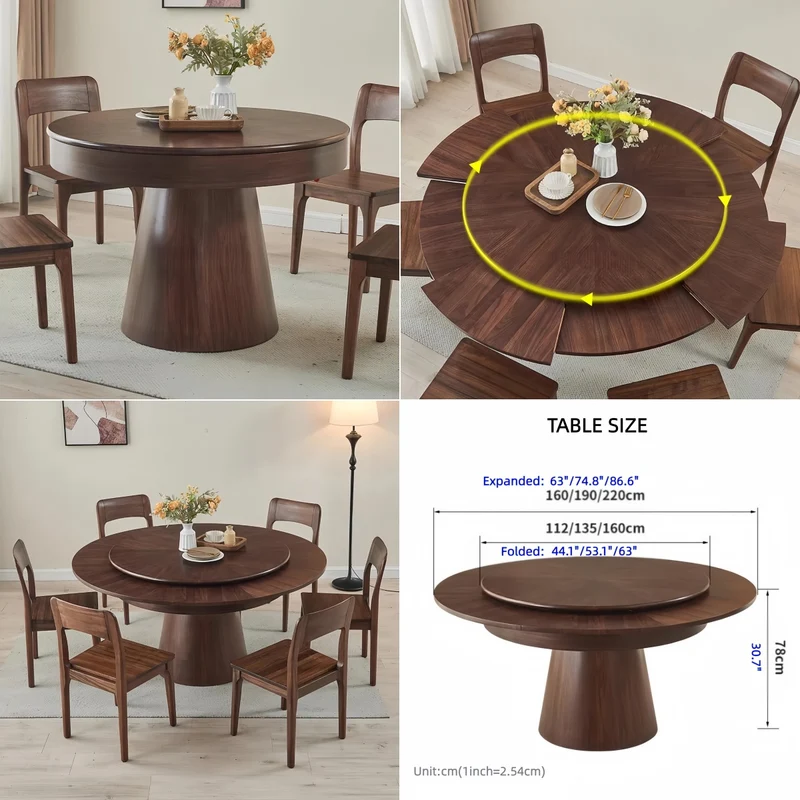 Mesa de comedor redonda de madera maciza con hoja extensible oculta giratoria