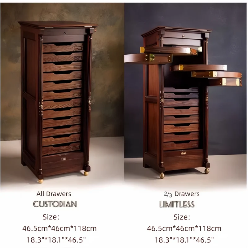 Vitrina vertical para joyas EASTLAKE de madera maciza de nogal con cortina enrollable de madera