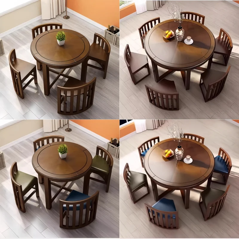 Juego de mesa de comedor redonda de madera maciza que ahorra espacio con sillas plegables