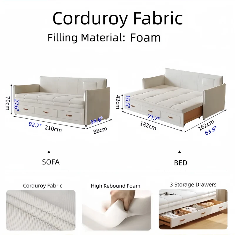 Sofá cama tapizado moderno con cajones de almacenamiento debajo