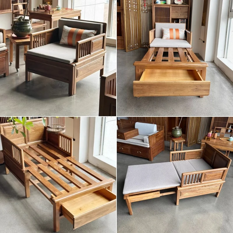 Sofá cama Arhat de madera maciza de olmo con espacio de almacenamiento debajo