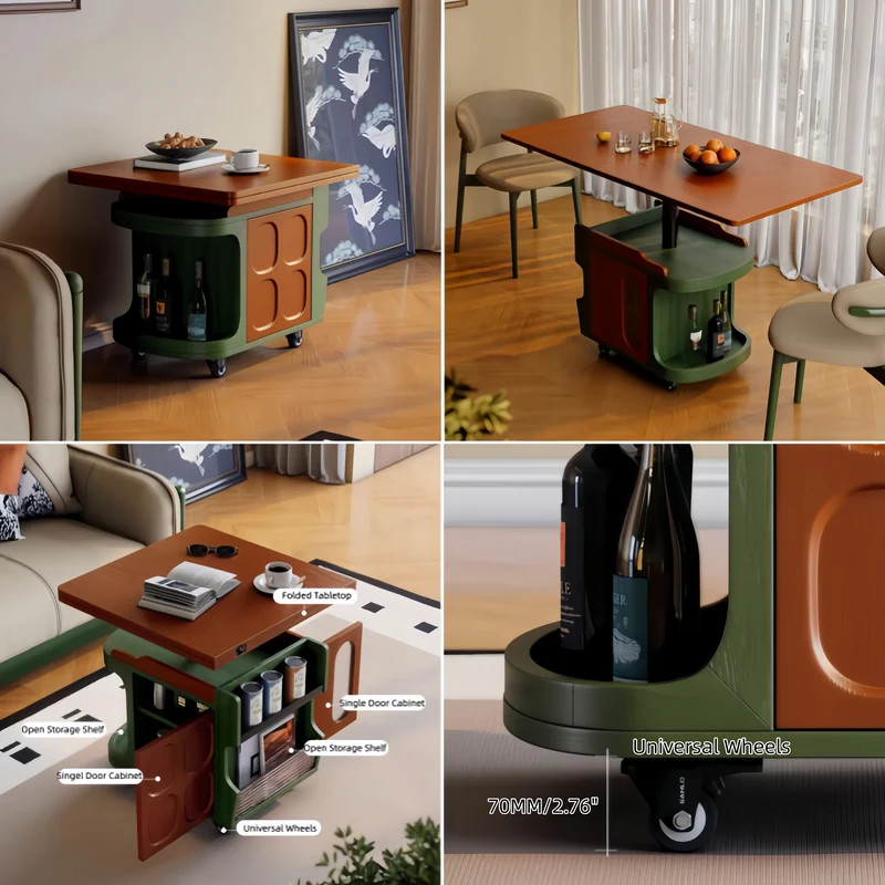 Mesa auxiliar elevable nórdica retro con almacenamiento y ruedas universales