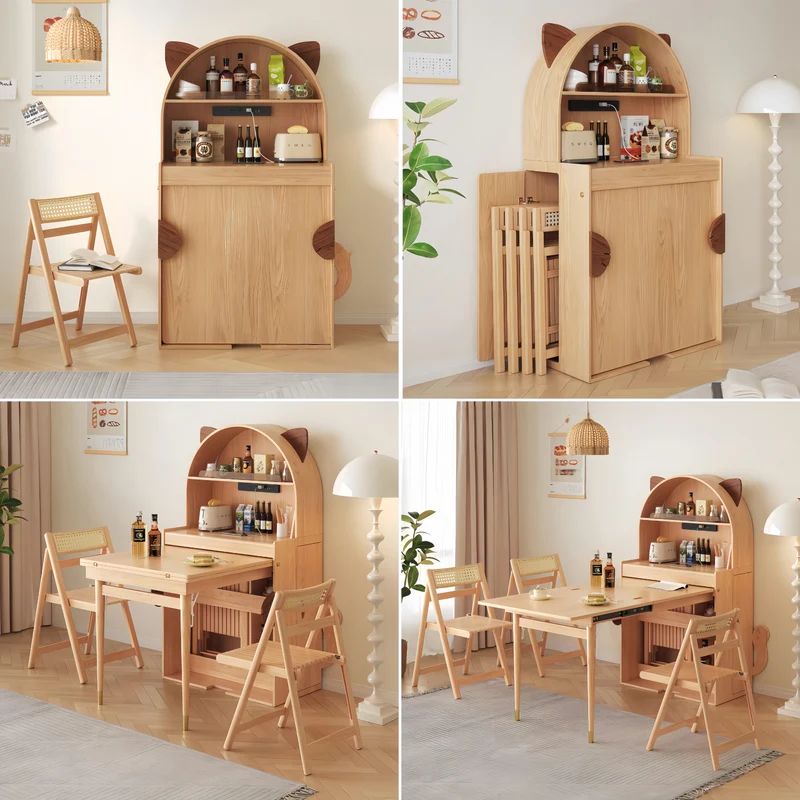Bonita mesa de comedor plegable de madera maciza con forma de gato y espacio para guardar sillas.