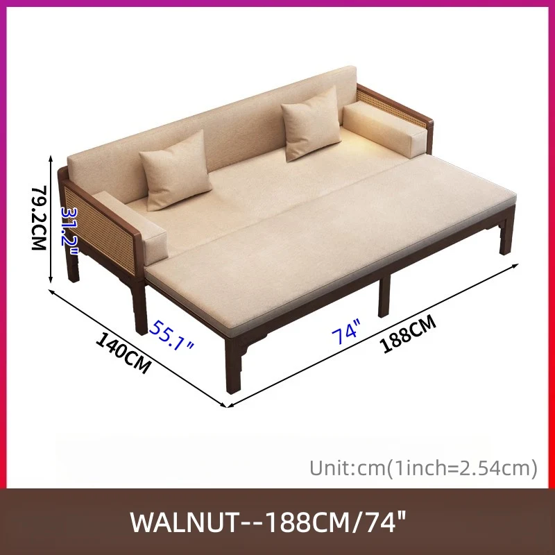 Sofá cama Arhat extraíble con reposabrazos y estructura de madera maciza de ratán tejido