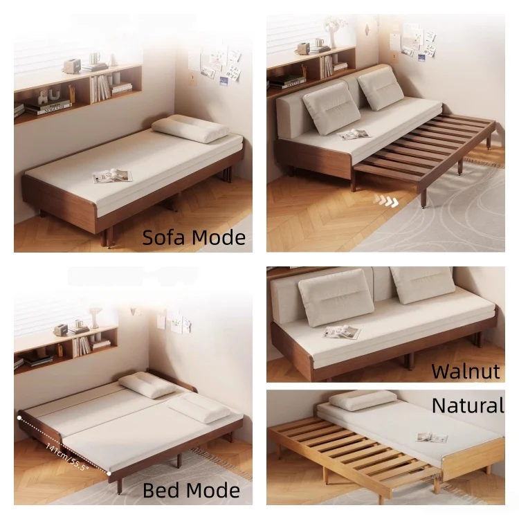 Cama de día extraíble con estructura de madera de roble macizo Japandi