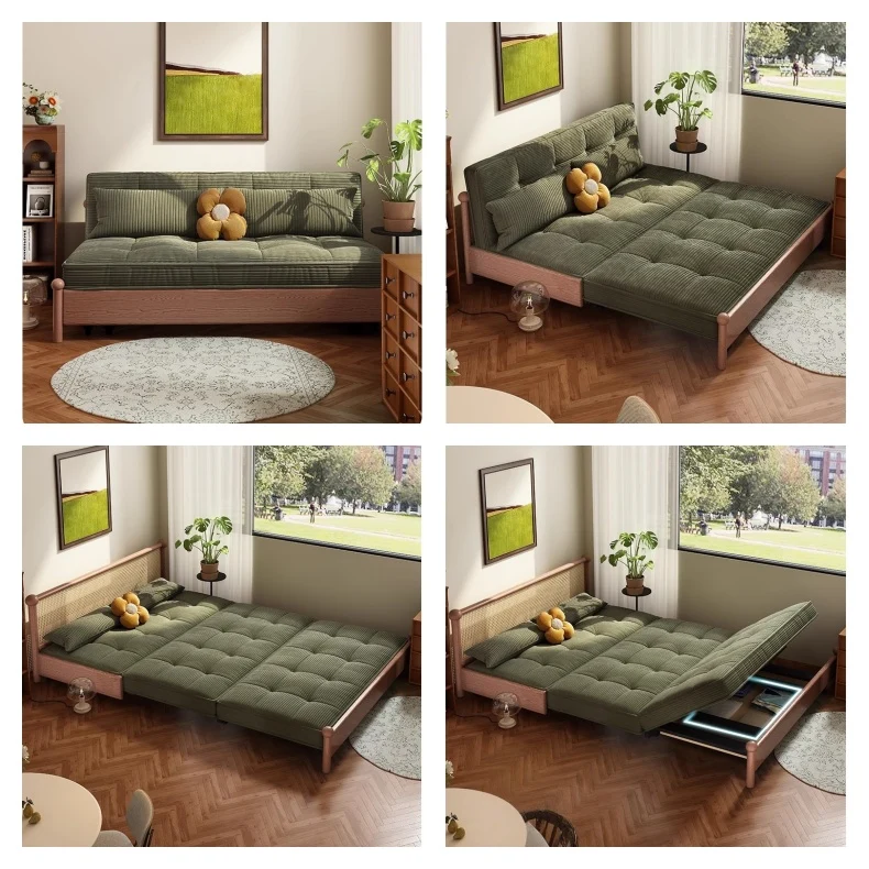 Sofá cama con estructura metálica y tapizado en pana, con espacio de almacenamiento debajo.