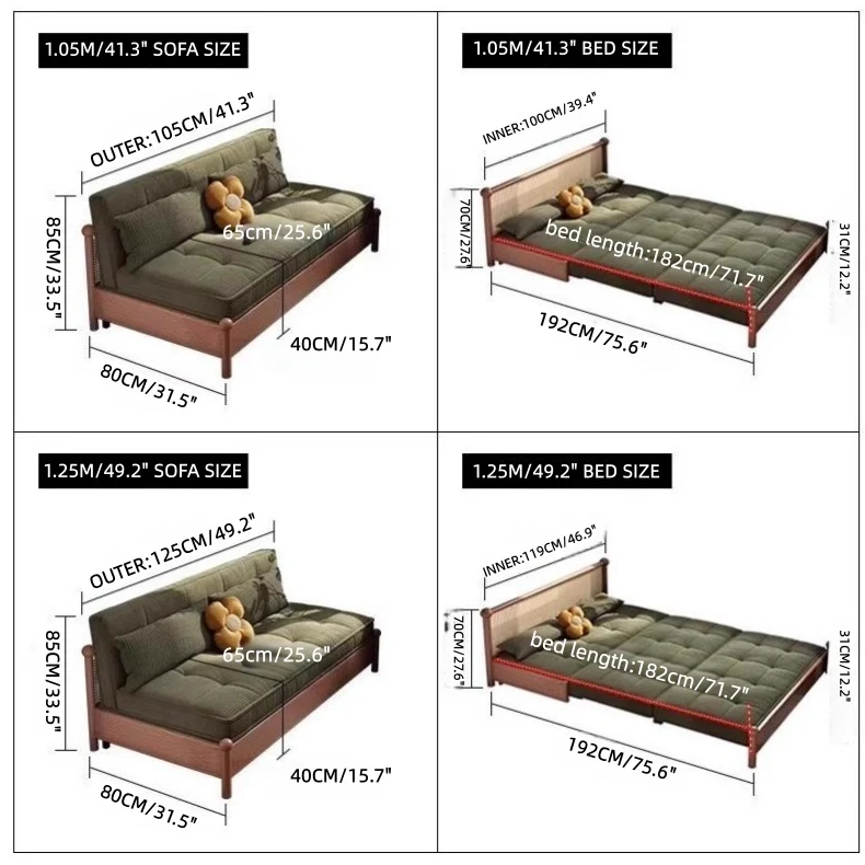 Sofá cama con estructura metálica y tapizado en pana, con espacio de almacenamiento debajo.