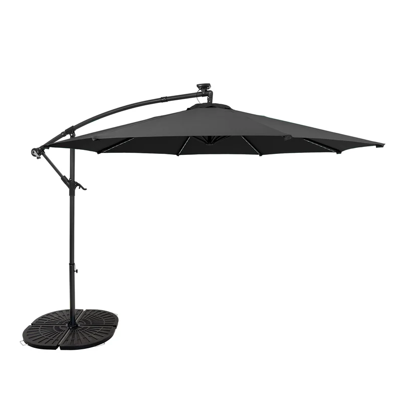 Parasol Excéntrico LED de 3 m con Base de Abanico Completo – Gris