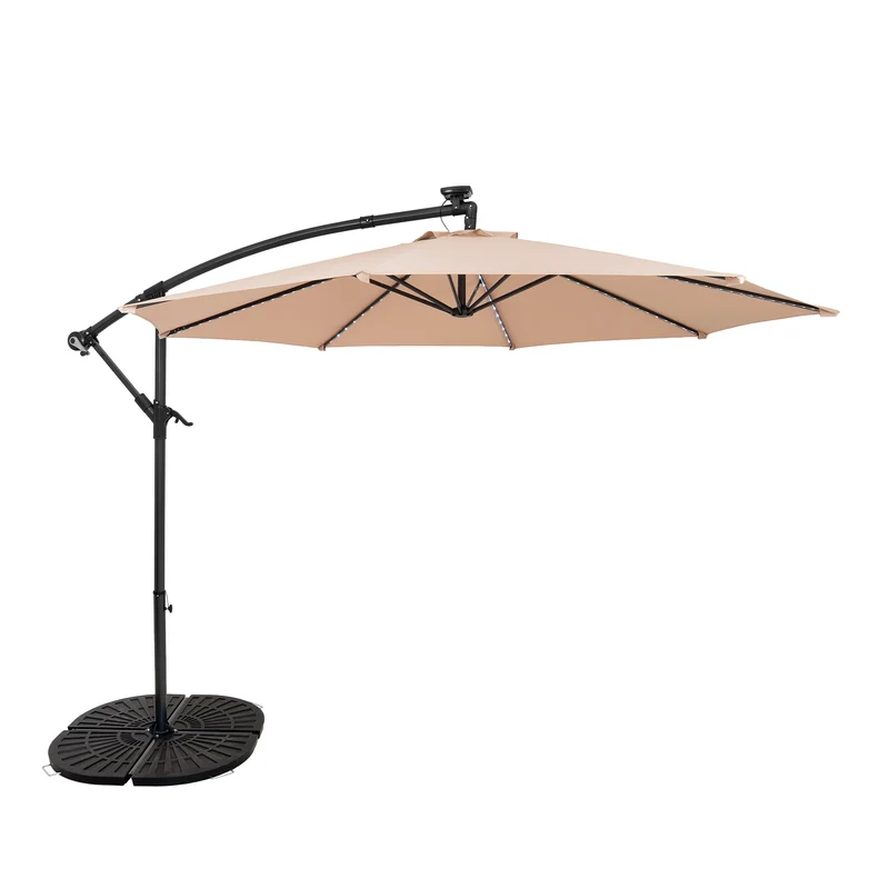 Parasol Excéntrico LED de 3 m con Base de Abanico Completo – Beige