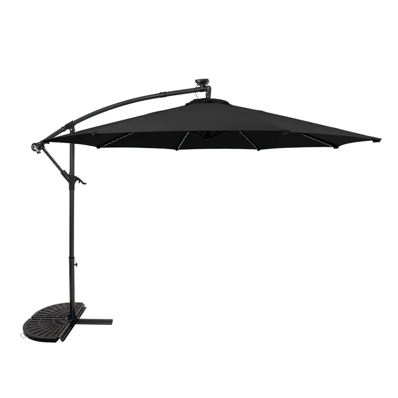 Parasol Excéntrico LED de 3 m con Base de Medio Abanico – Negro