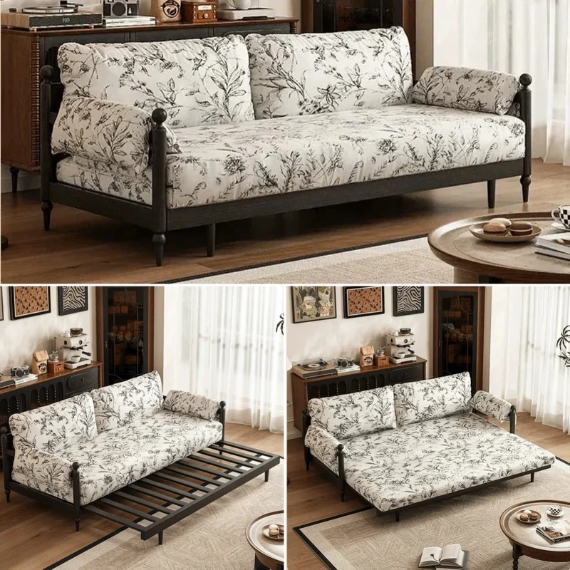 Sofá cama Gland con estructura de madera maciza de fresno y tapizado en tela de terciopelo estampada.