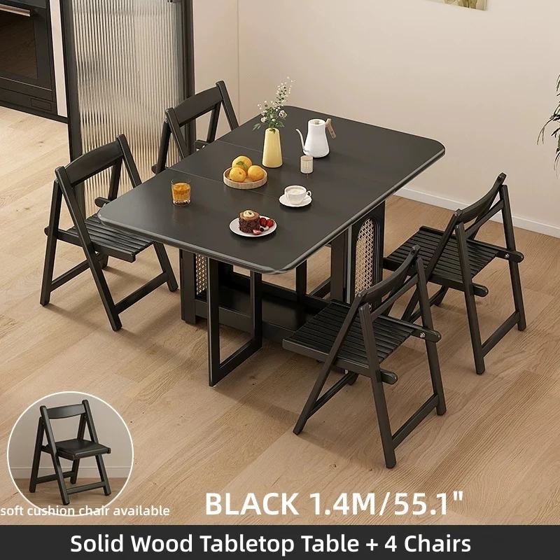 Mesa de comedor plegable de madera maciza de roble con 4 sillas - Negra