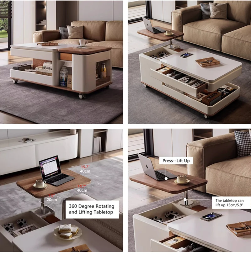 Mesa de centro superior giratoria y elevable de lujo, moderna y ligera