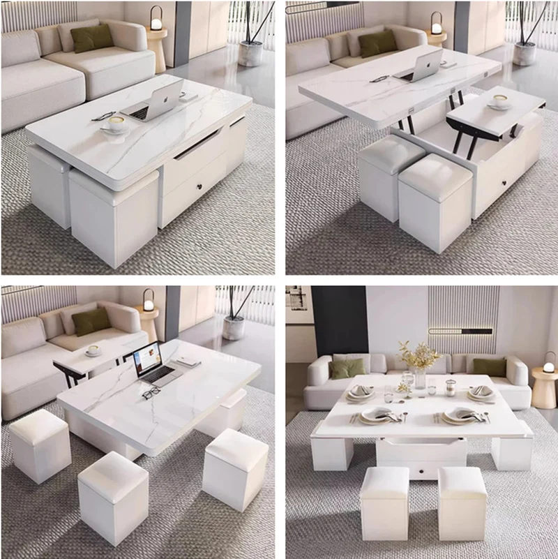 Mesa de centro elevable multifuncional con 4 taburetes de almacenamiento