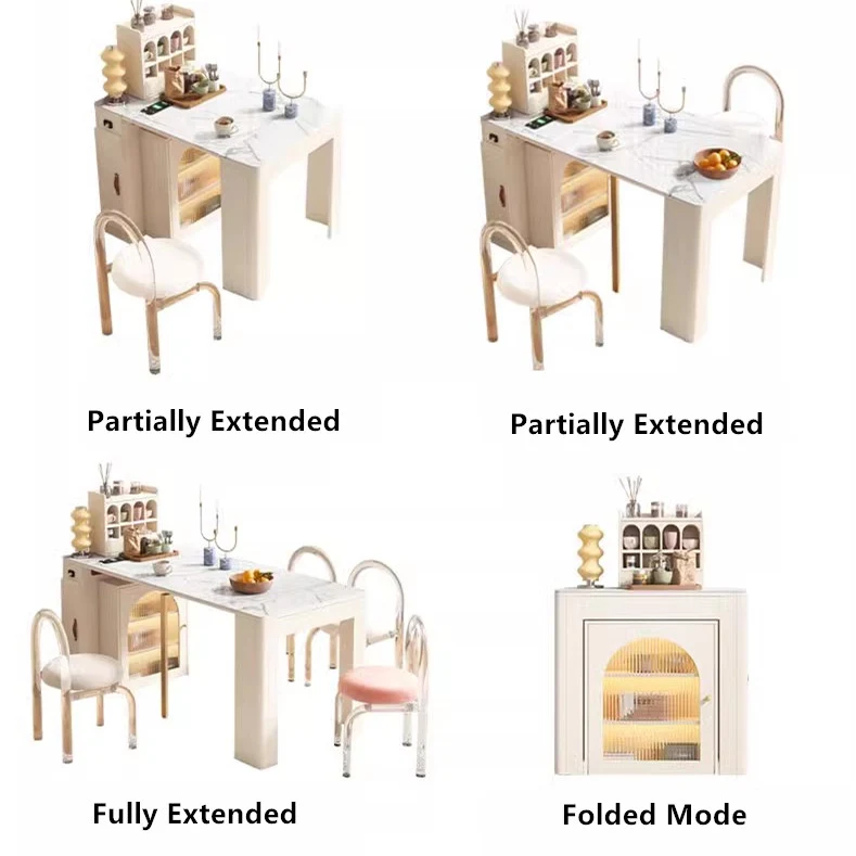 Mesa de comedor extensible moderna con 4 hojas de mármol y aparador de almacenamiento.
