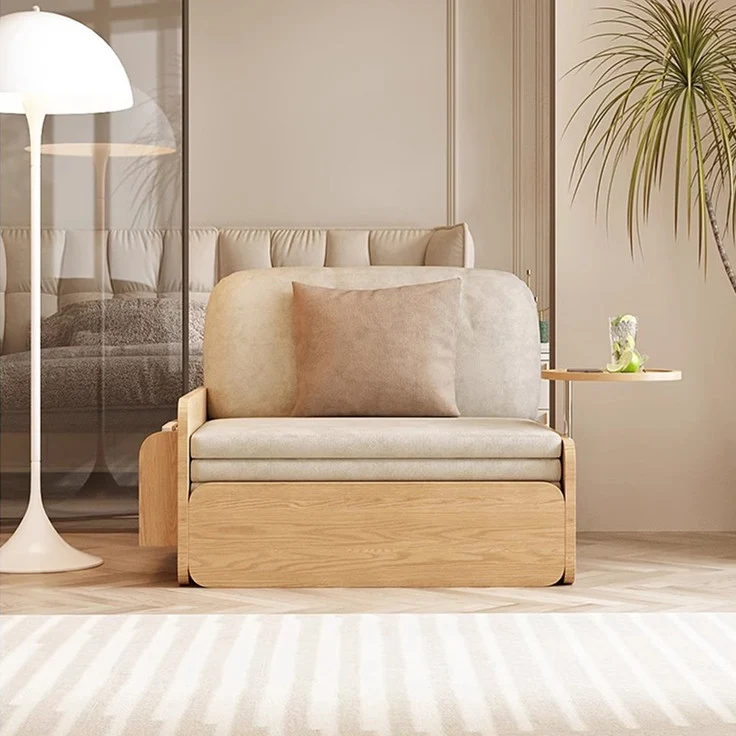 Sofá cama extraíble estilo tronco Japandi con bandeja giratoria para reposabrazos y almacenamiento