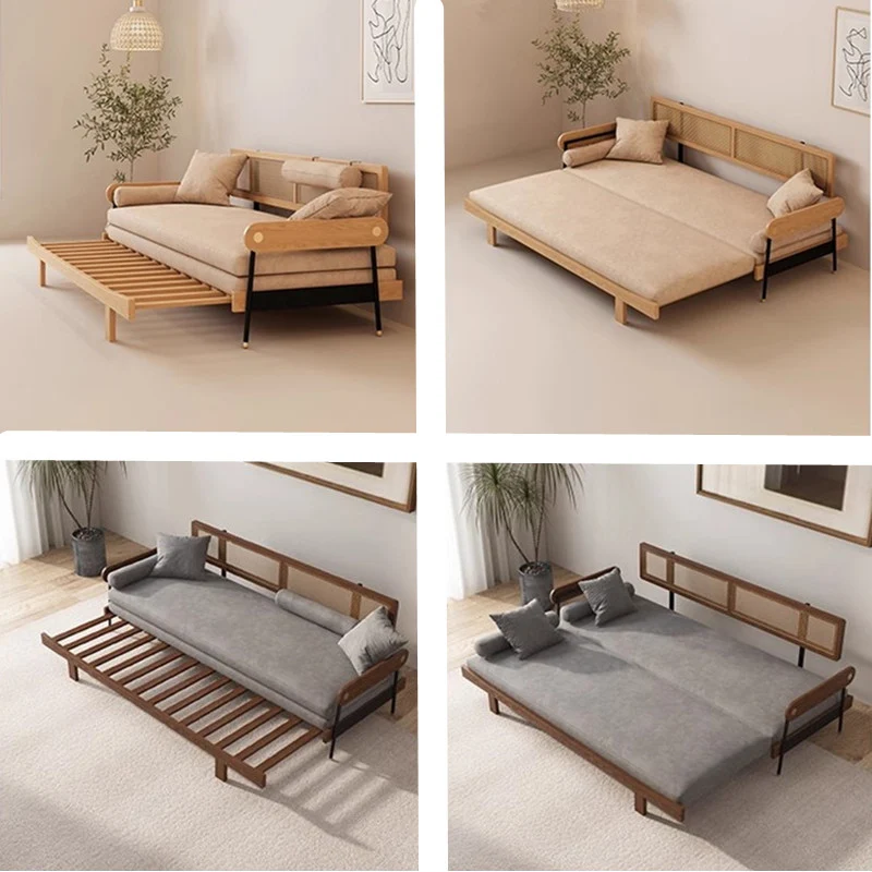 Sofá cama con respaldo de ratán minimalista de madera maciza Japandi