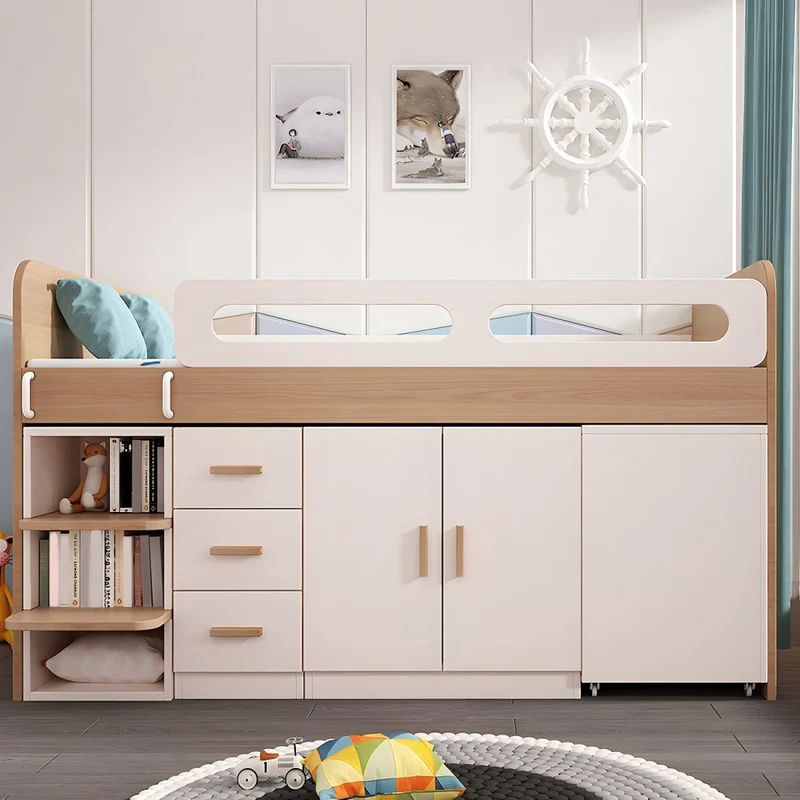 Cama alta de madera para niños con pequeño escritorio extraíble, armario y mueble de almacenamiento