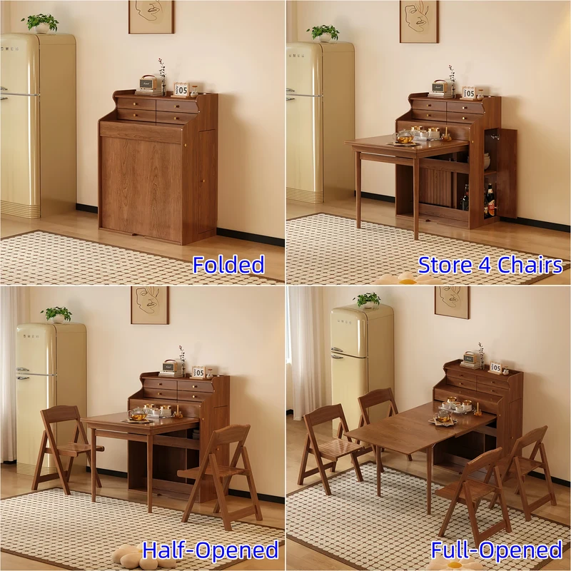 Juego de mesa de comedor plegable que ahorra espacio, con 4 sillas y cajones de almacenamiento.