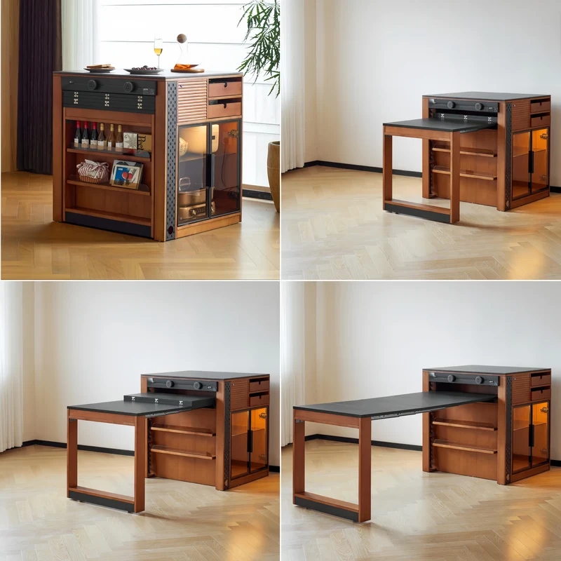 Isla de cocina de madera maciza de boj con mesa de comedor extensible.
