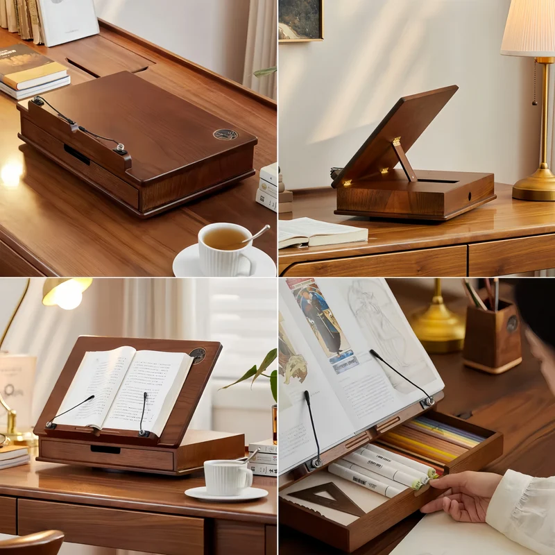Soporte para libros giratorio y ajustable de 360° de madera maciza de roble con cajón de almacenamiento.
