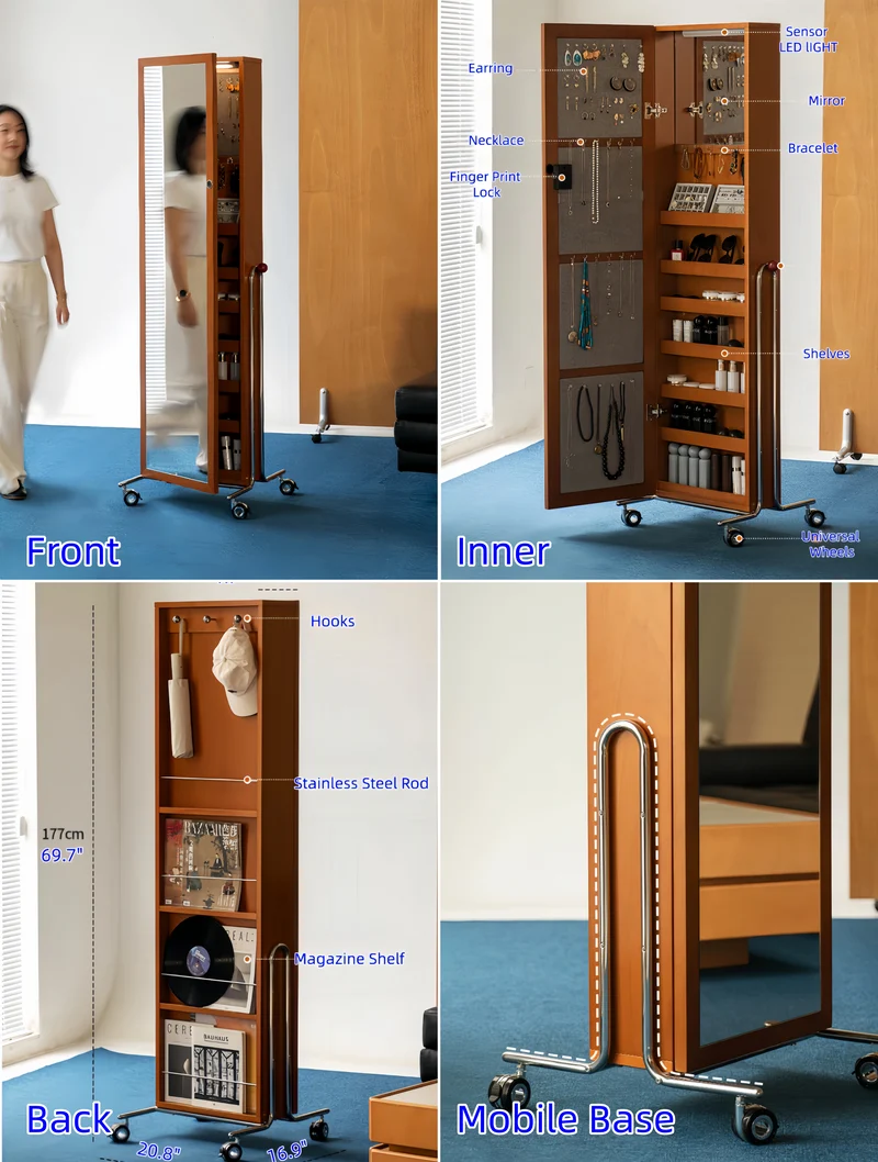 Organizador de joyas portátil con espejo de cuerpo entero y cerradura de huella dactilar.