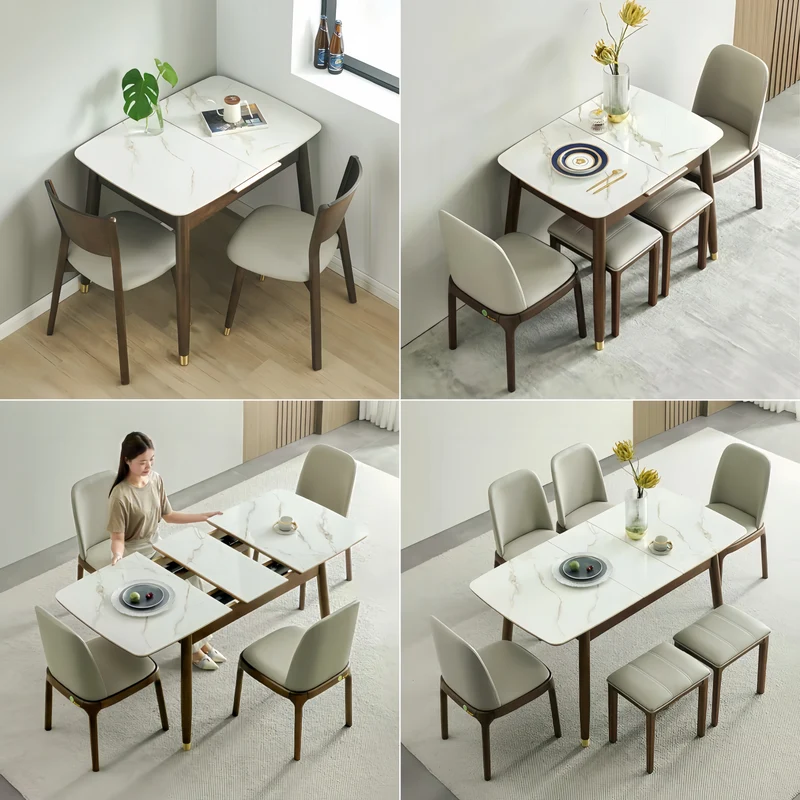 Mesa de comedor extensible de madera maciza con tablero de piedra sinterizada.