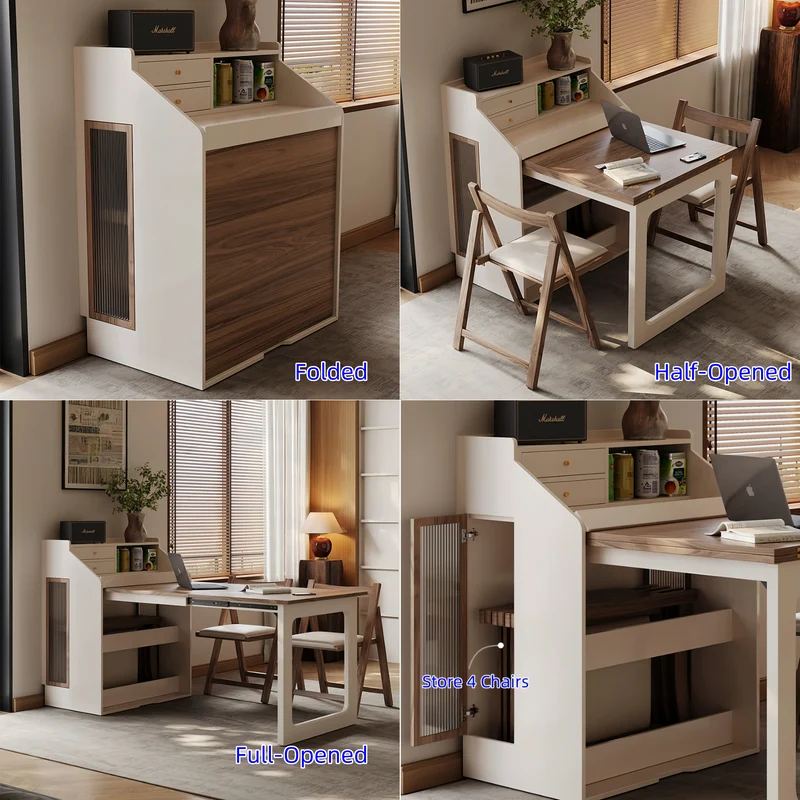 Mesa de comedor que ahorra espacio con almacenamiento oculto para sillas y cajones integrados.
