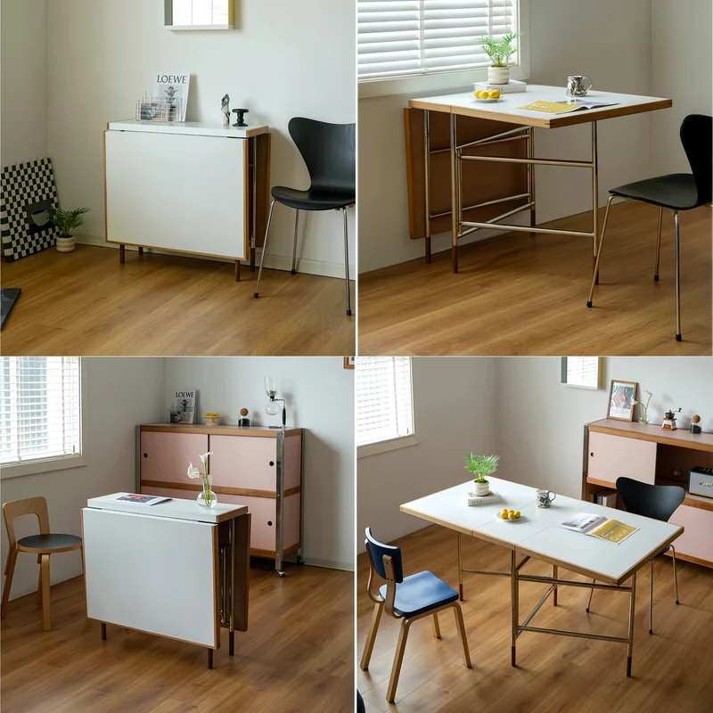 Mesa de comedor con patas de acero inoxidable y alas abatibles dobles