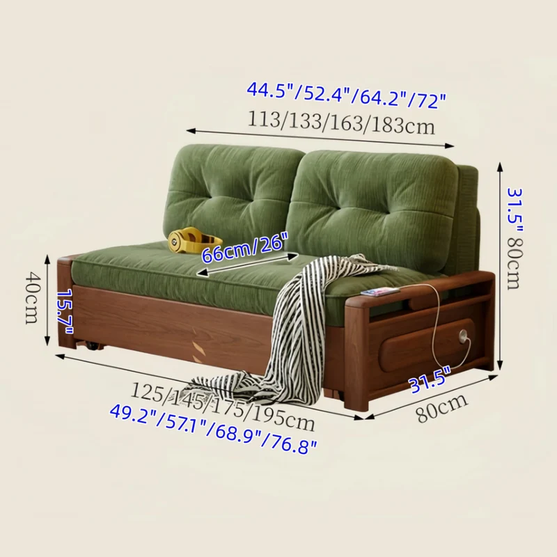 Sofá cama convertible 3 en 1 de tela chenilla con almacenamiento inferior.
