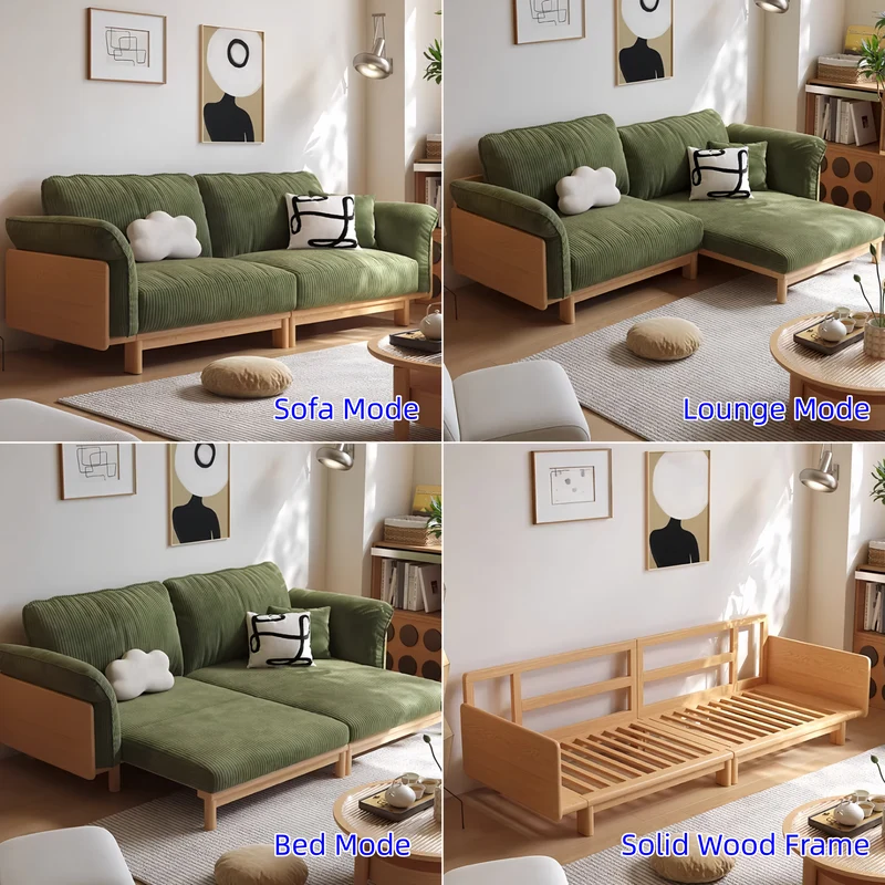 Sofá cama Japandi con estructura de madera maciza y tapizado en tela de pana.