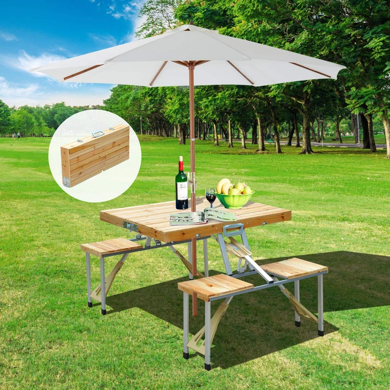 Mesa de picnic plegable portátil para acampar con asientos, sillas y sombrilla Hole-Wood