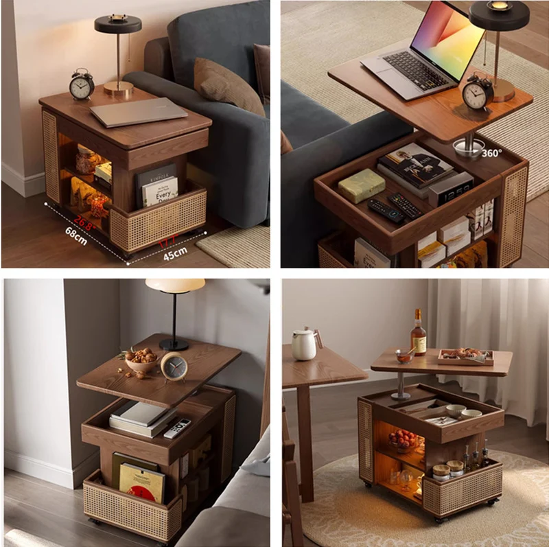 Mesa de centro elevable de madera maciza con espacio de almacenamiento y ruedas universales