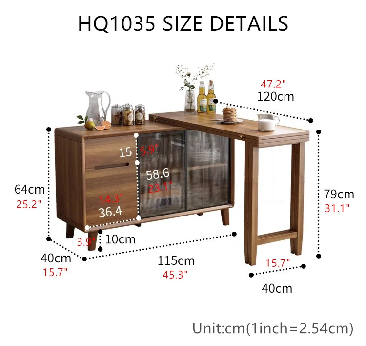 Mesa de comedor plegable y gabinete en uno con puertas corredizas de vidrio y cajones de almacenamiento
