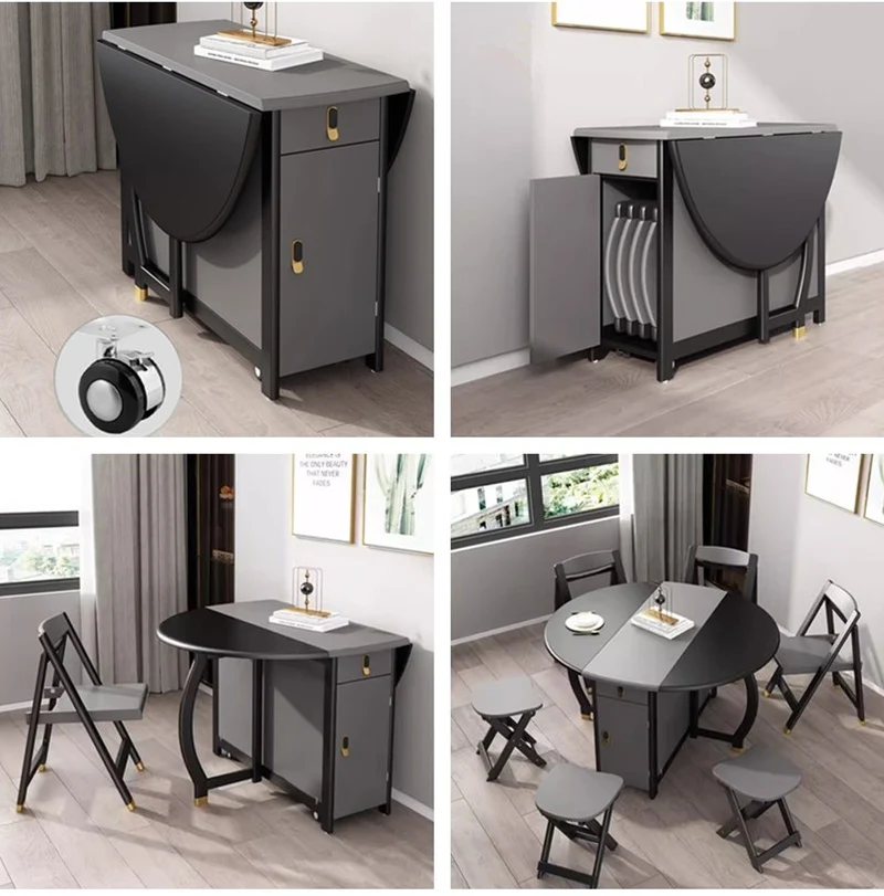 Mesa de comedor redonda de doble hoja abatible gris negro con 4 sillas