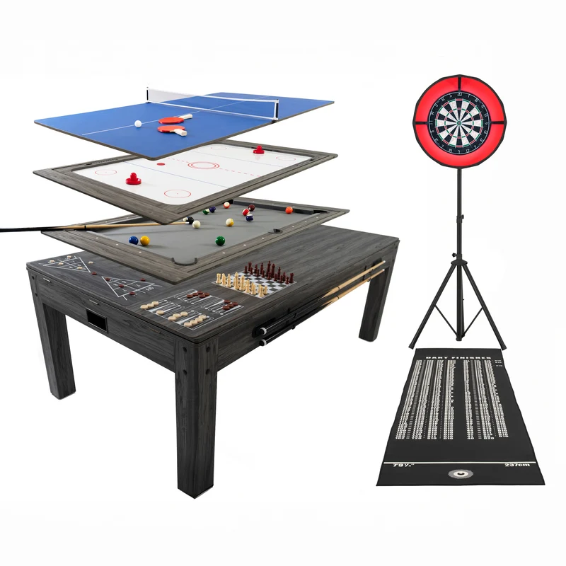Mesa de Juegos 7 en 1 (Gris) con Set de Dardos y Luz LED
