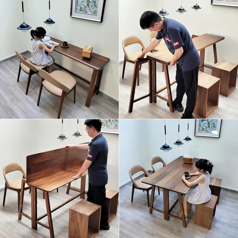 Mesa de comedor plegable de madera maciza con tablero y patas plegables.