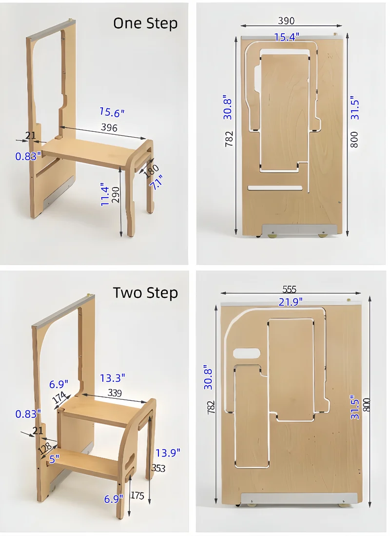 Taburete plegable ultradelgado con escalón oculto, fabricado en madera contrachapada marina.