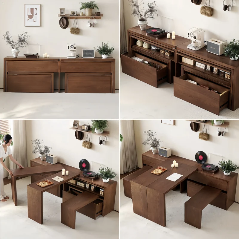 Tableros de mesa dobles giratorios de 90° y bancos dobles giratorios de 90° de madera maciza de fresno con amplio armario de almacenamiento.