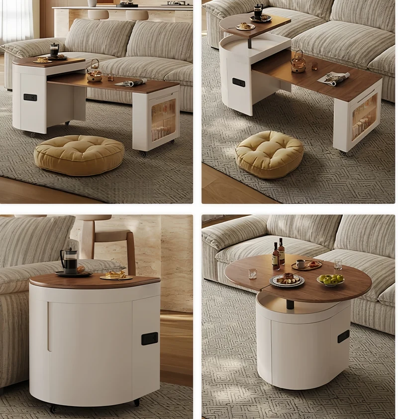 Mesa de centro ovalada elevable y extensible con ruedas universales.