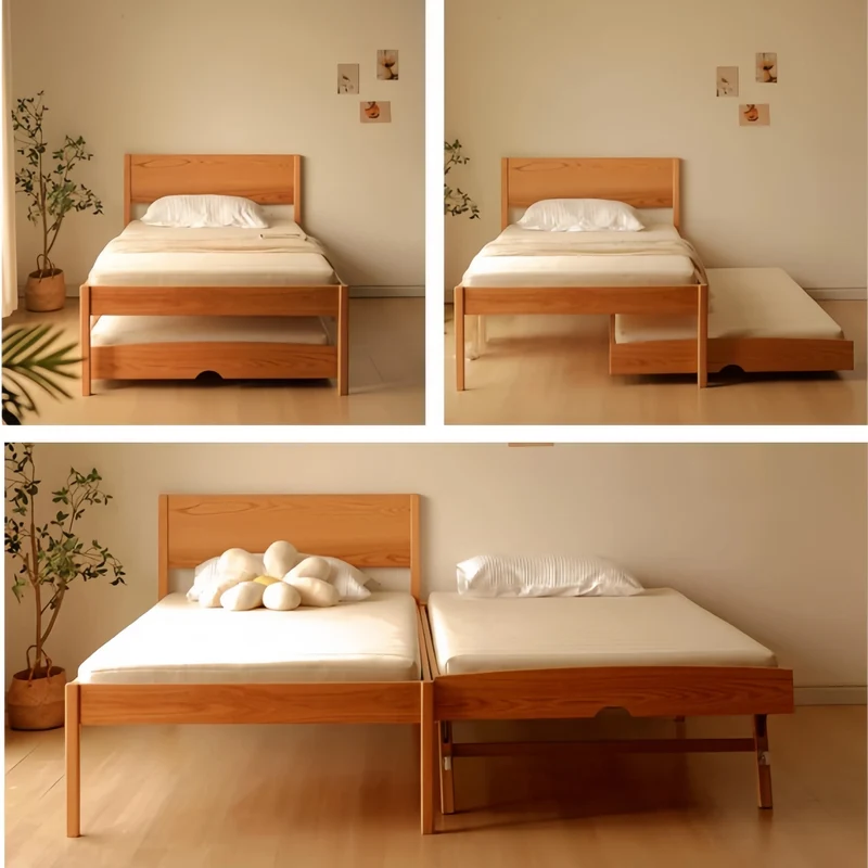 Cama plataforma de madera maciza de roble con cama nido extraíble.