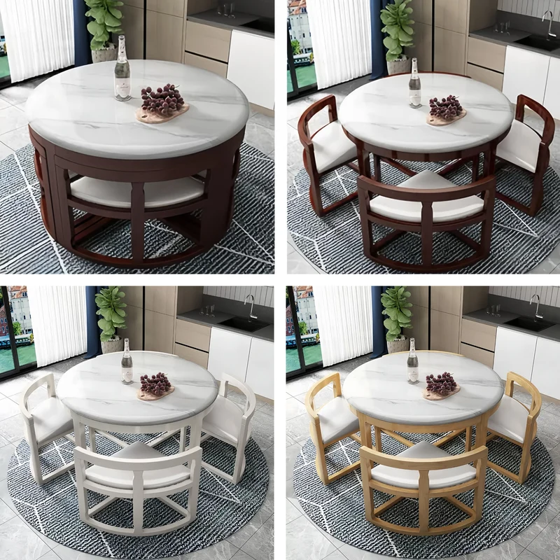 Juego de mesa de comedor redonda apilable de madera maciza con 4 sillas.